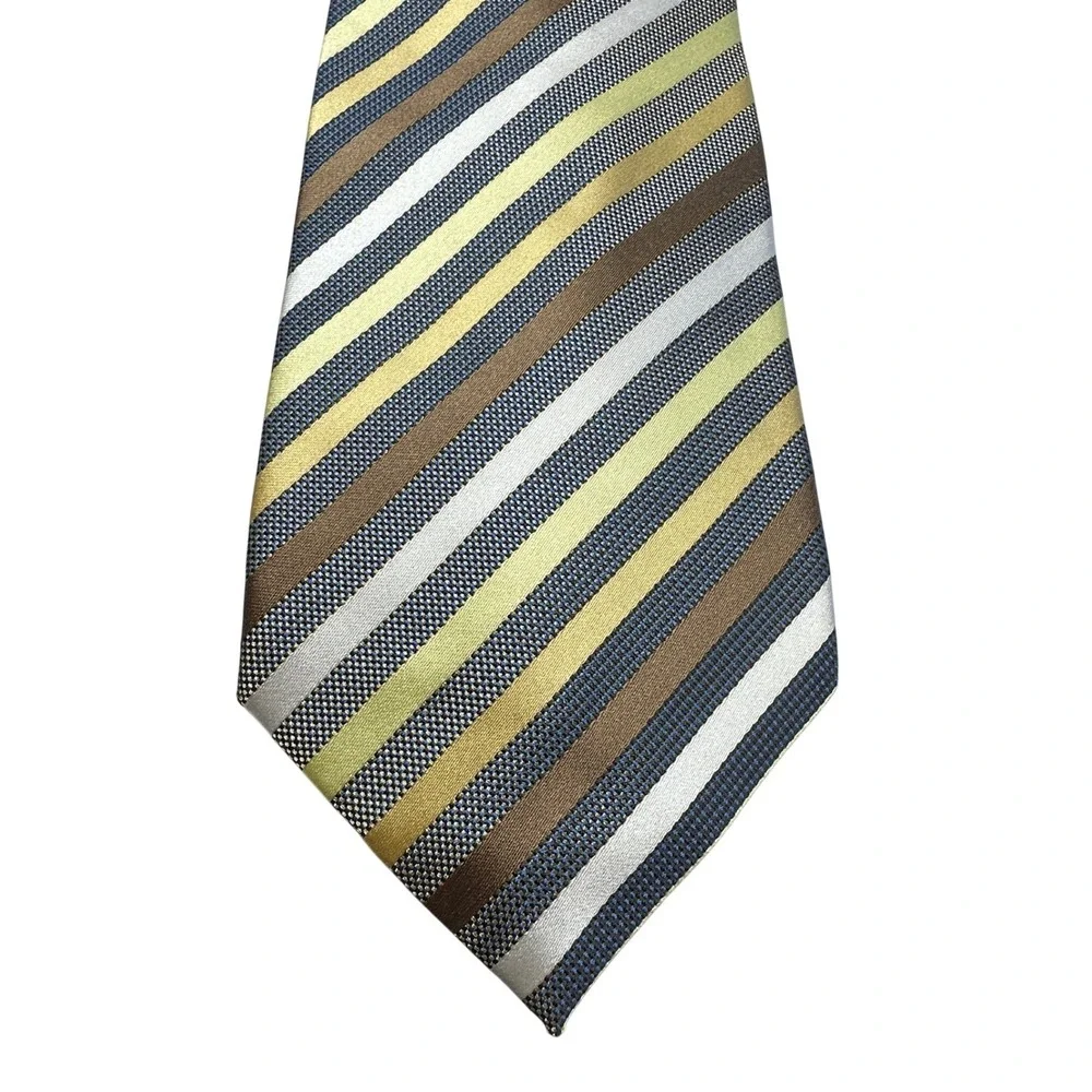 Bergamo New York Mens‎ Striped Necktie Gold Brown Silver Blue Woven Polyester